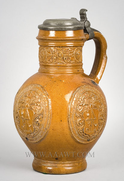 Raeren Jug, WE Monogram, Pewter Mounted
Circa 1600
Applied Medallion Dated 1600 Molded with Merchant Mark
Potter and Stoneware Dealer, Winand Emonts, entire view